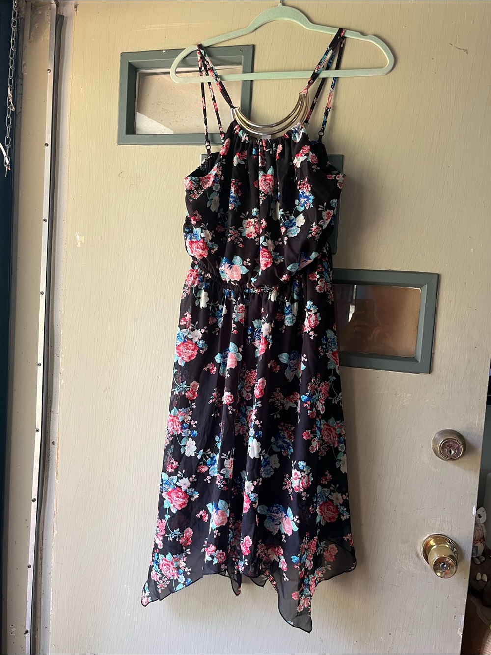 No Boundaries Black Floral High-Low Halter Dress with Gold Accent